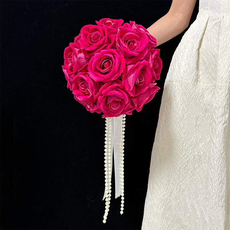 Fuchsia Faux Rose Bridal Bouquet with Pearl Ribbon - Romantic and Passionate