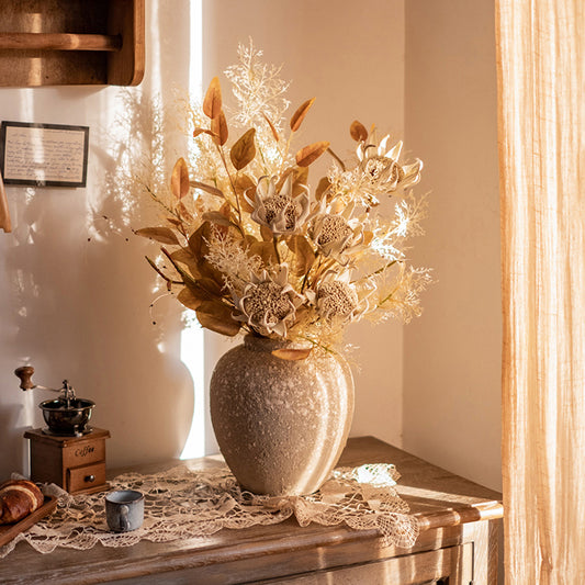 Golden Faux Frosted Protea and Snowy Mist Arrangement in Textured Ceramic Vase - Rustic and Warm