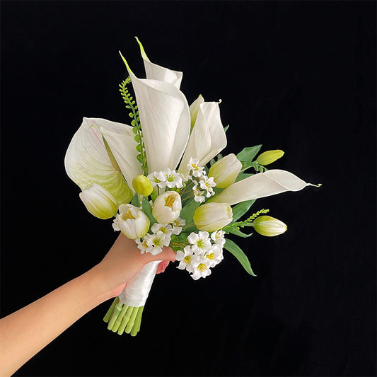 White Faux Calla Lilies and Tulips Bridal Bouquet - Graceful and Timeless