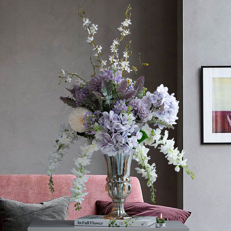 Lavender and White Faux Hydrangea and Wisteria Arrangement in Silver Vase - Sophisticated and Graceful