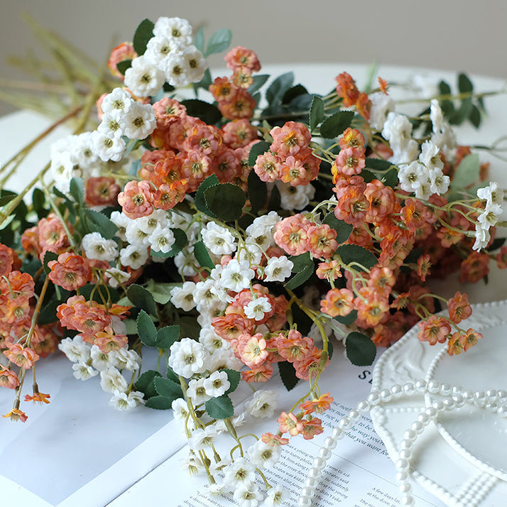 Rust and White Faux Rosa Multiflora Arrangement in Textured White Vase - Rustic and Natural