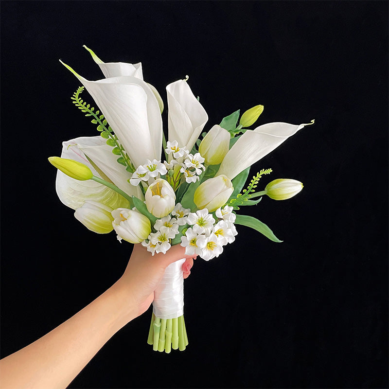 White Faux Calla Lilies and Tulips Bridal Bouquet - Graceful and Timeless