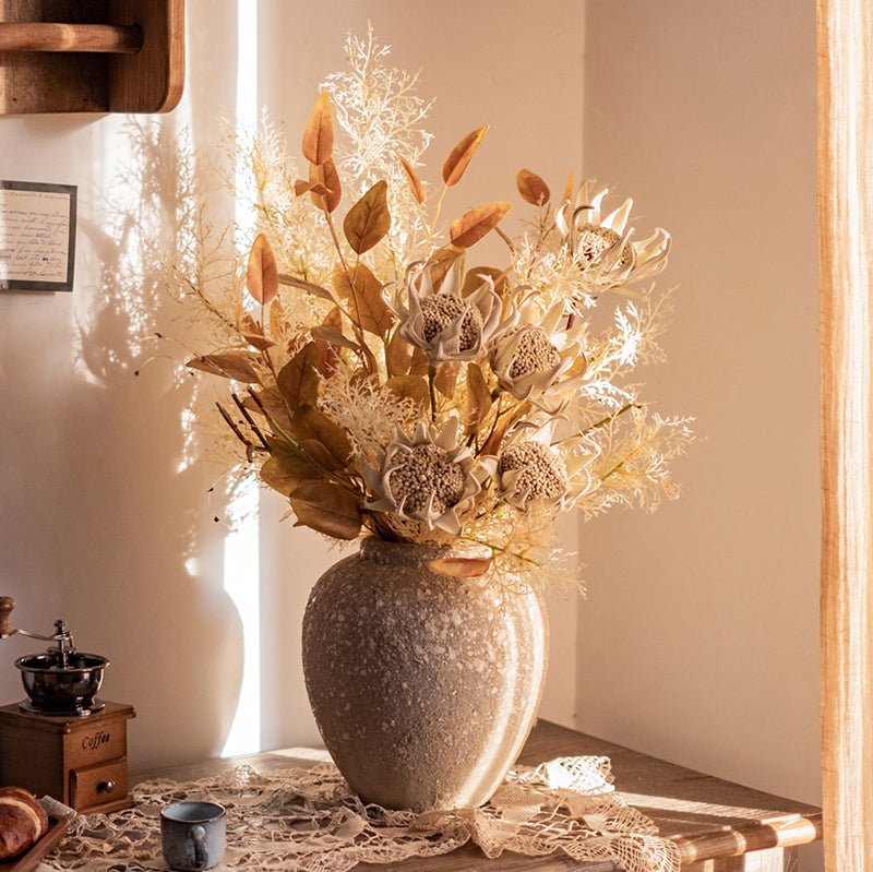 Golden Faux Frosted Protea and Snowy Mist Arrangement in Textured Ceramic Vase - Rustic and Warm