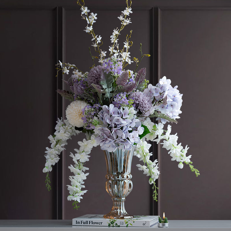 Lavender and White Faux Hydrangea and Wisteria Arrangement in Silver Vase - Sophisticated and Graceful