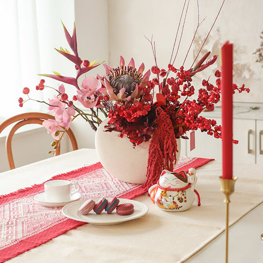 Red Faux Holly and King Protea Arrangement in Matte White Vase - Bold and Festive