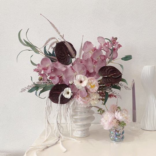 Blush Faux Phalaenopsis Orchids and Burgundy Anthuriums Arrangement in Textured White - Natural Charm and Soft Beauty Vase