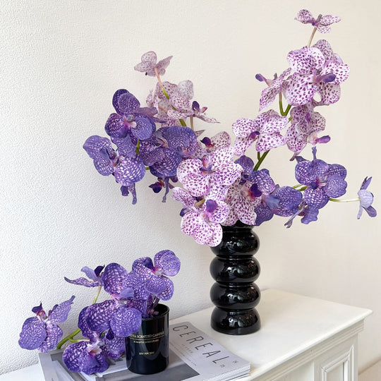 Purple Faux Vanda Orchids Arrangement in Glossy Black Vase - Striking Patterns and Sophisticated Design