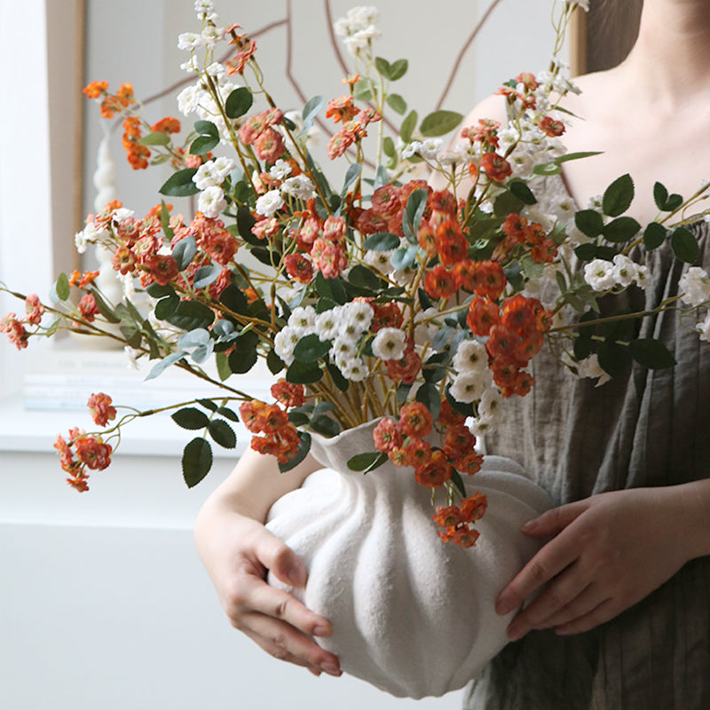 Rust and White Faux Rosa Multiflora Arrangement in Textured White Vase - Rustic and Natural