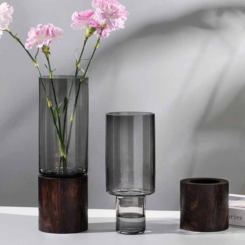 Smoky Glass Vase with Wooden Base – Modern and Sophisticated