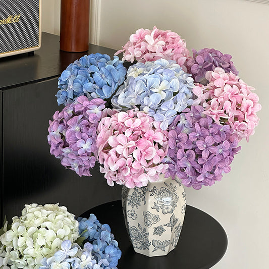 Pastel Faux Hydrangeas Arrangement in Floral Ceramic Vase - Soft and Harmonious