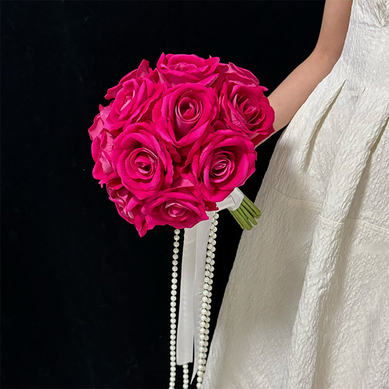 Fuchsia Faux Rose Bridal Bouquet with Pearl Ribbon - Romantic and Passionate