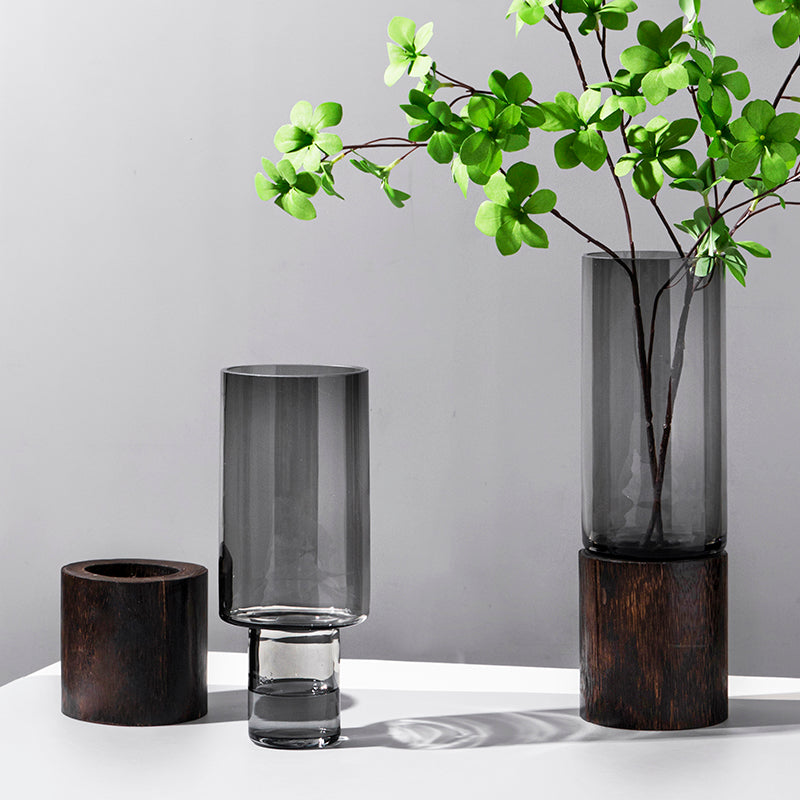 Smoky Glass Vase with Wooden Base – Modern and Sophisticated