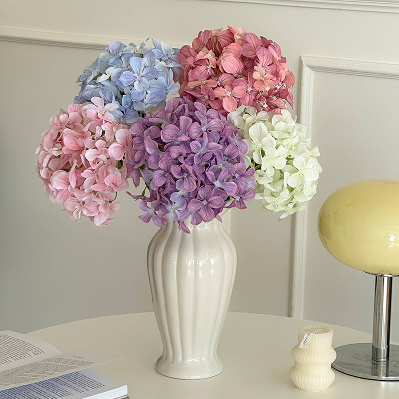 Pastel Faux Hydrangeas Arrangement in Floral Ceramic Vase - Soft and Harmonious