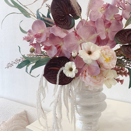 Blush Faux Phalaenopsis Orchids and Burgundy Anthuriums Arrangement in Textured White - Natural Charm and Soft Beauty Vase