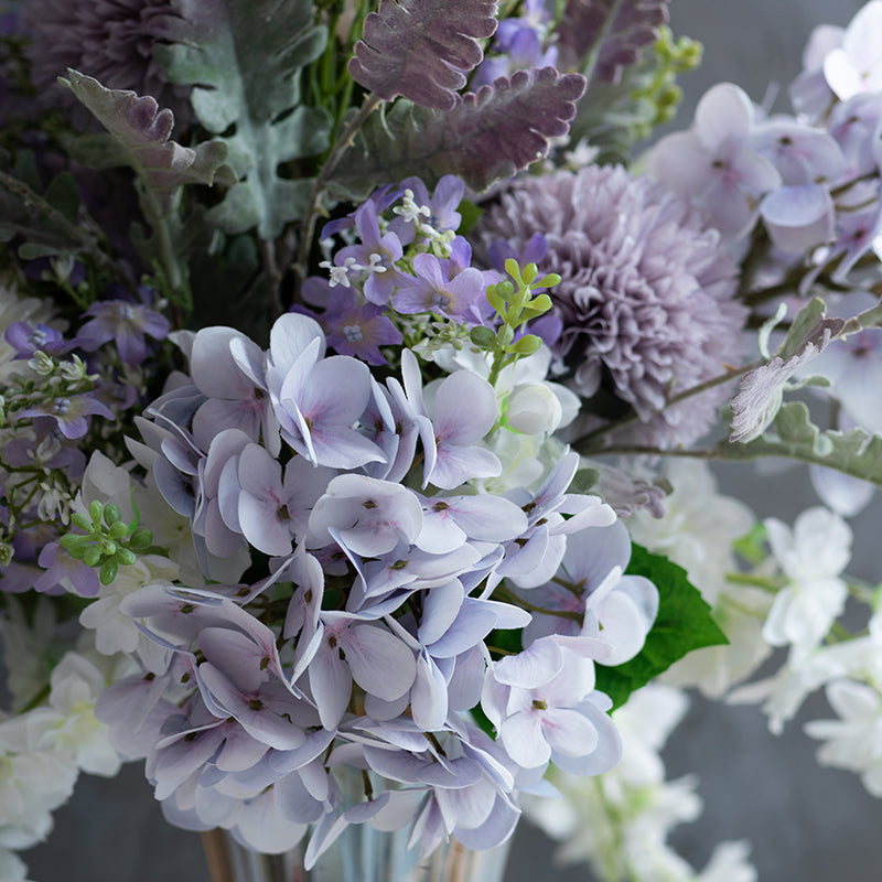 Lavender and White Faux Hydrangea and Wisteria Arrangement in Silver Vase - Sophisticated and Graceful