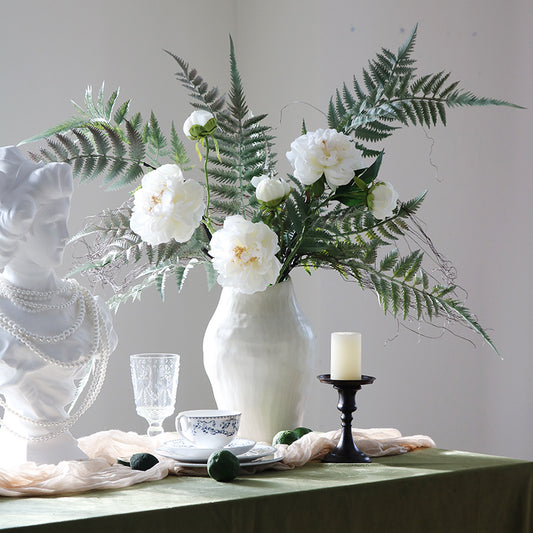 White Faux Peonies and Ferns Arrangement in Textured Ceramic Vase - Lush Greenery and Timeless Elegance