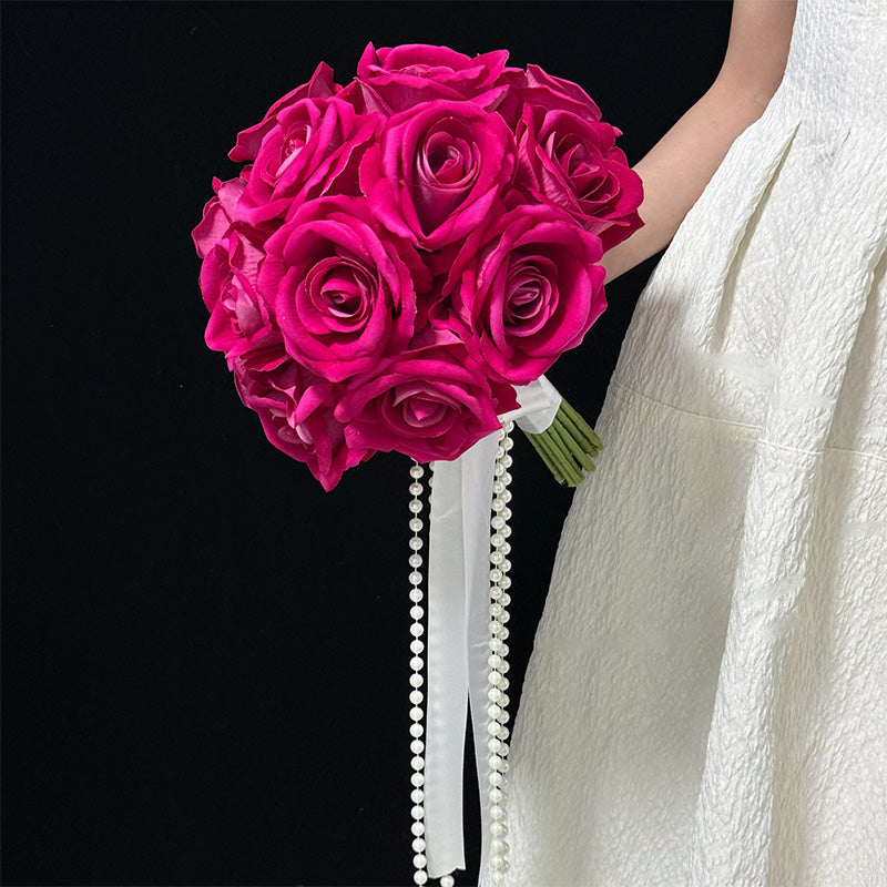 Fuchsia Faux Rose Bridal Bouquet with Pearl Ribbon - Romantic and Passionate