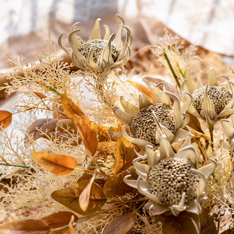 Golden Faux Frosted Protea and Snowy Mist Arrangement in Textured Ceramic Vase - Rustic and Warm