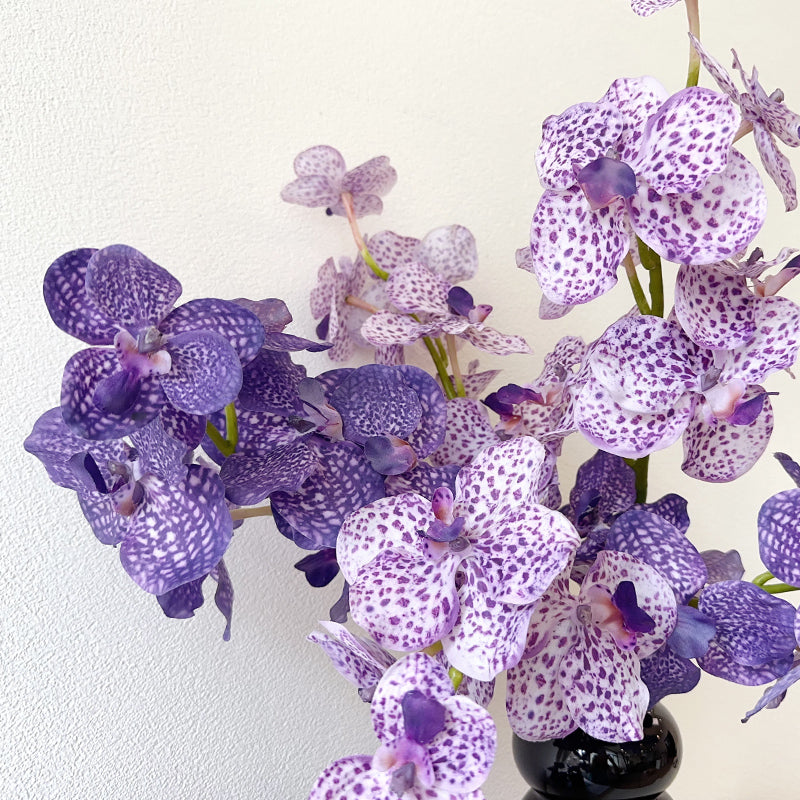 Purple Faux Vanda Orchids Arrangement in Glossy Black Vase - Striking Patterns and Sophisticated Design