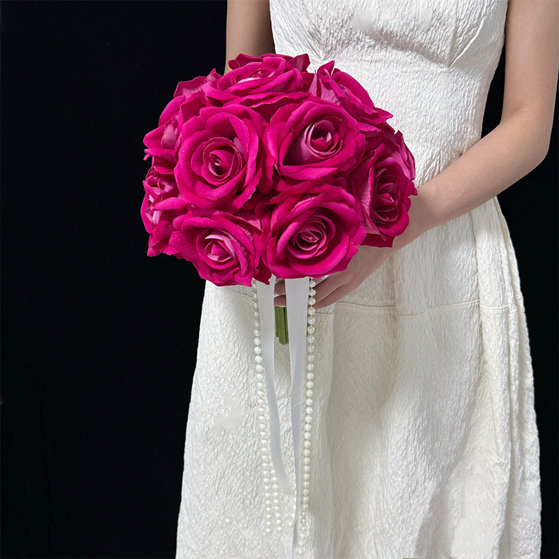 Fuchsia Faux Rose Bridal Bouquet with Pearl Ribbon - Romantic and Passionate