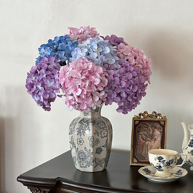 Pastel Faux Hydrangeas Arrangement in Floral Ceramic Vase - Soft and Harmonious