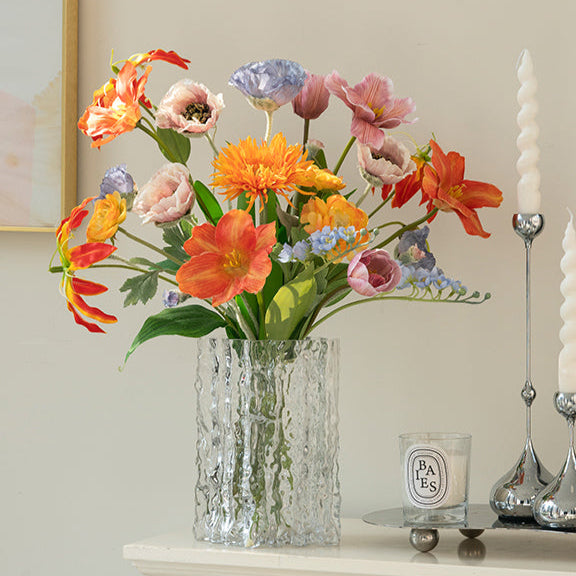 Cheerful Faux Tulips and Mixed Spring Flowers Arrangement in White Ceramic Vase - Bright Colors and Realistic Texture