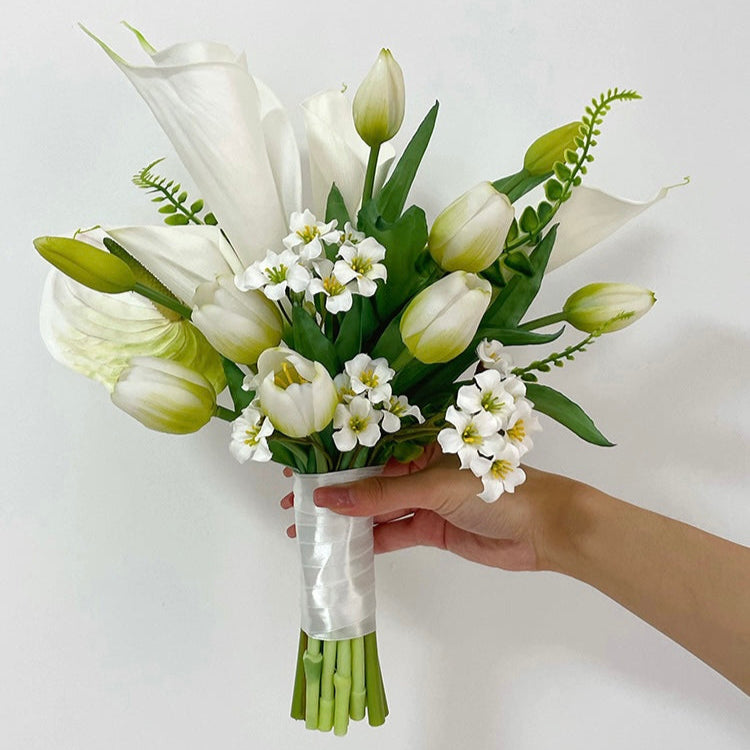 White Faux Calla Lilies and Tulips Bridal Bouquet - Graceful and Timeless