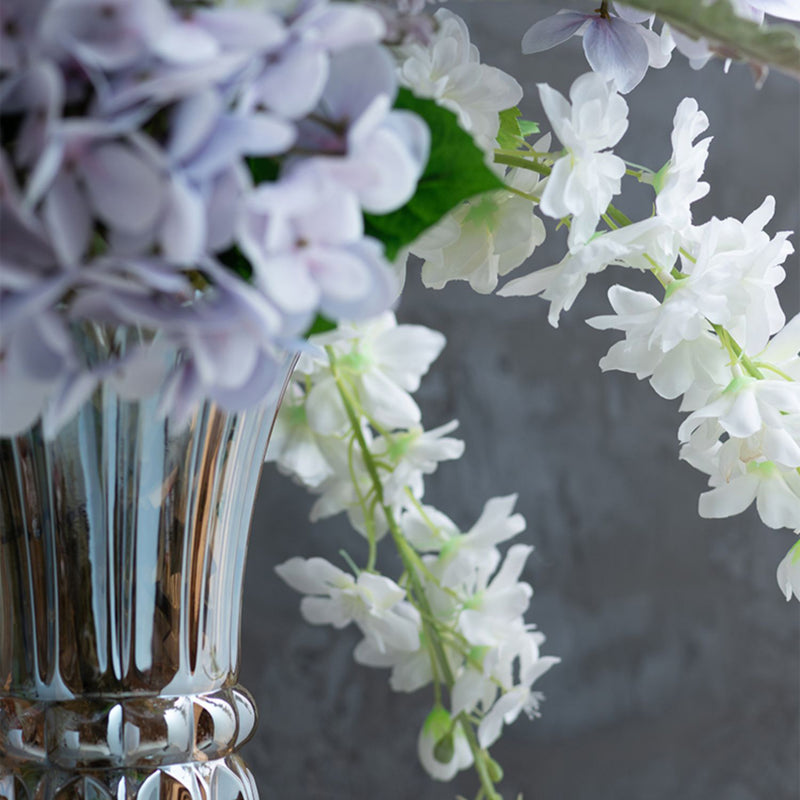 Lavender and White Faux Hydrangea and Wisteria Arrangement in Silver Vase - Sophisticated and Graceful