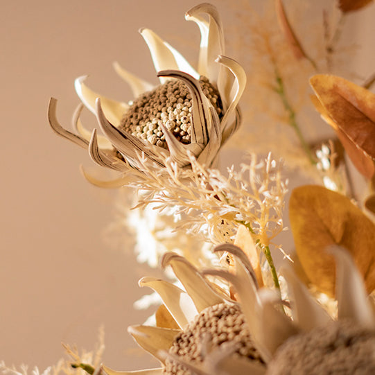 Golden Faux Frosted Protea and Snowy Mist Arrangement in Textured Ceramic Vase - Rustic and Warm