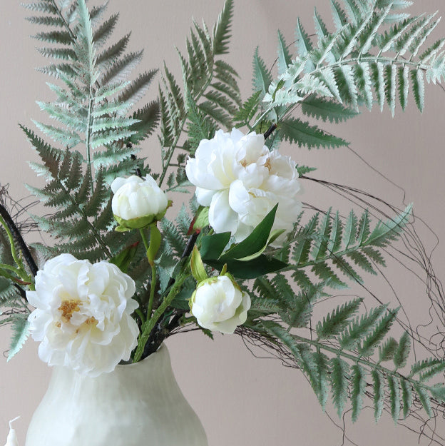 White Faux Peonies and Ferns Arrangement in Textured Ceramic Vase - Lush Greenery and Timeless Elegance