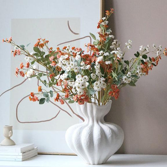 Rust and White Faux Rosa Multiflora Arrangement in Textured White Vase - Rustic and Natural