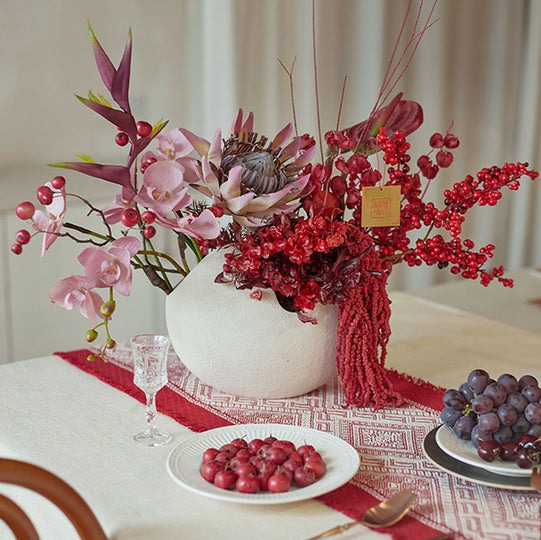 Red Faux Holly and King Protea Arrangement in Matte White Vase - Bold and Festive