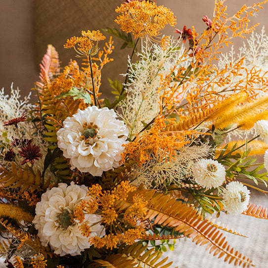 Warm Rustic Faux Fern and Wildflower Arrangement in Canvas Bag - Natural Charm and Cozy Accent