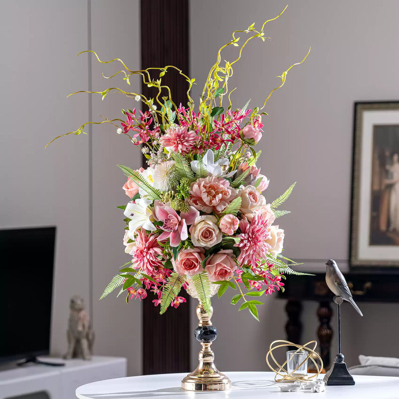 White Faux Orchid and Greenery Arrangement in Gold Pedestal Vase - Grand and Elegant