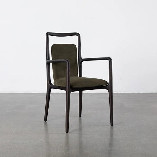 Modern Armchair with Dark Wood Frame and Olive Upholstery | Minimalist Elegance for Versatile Spaces