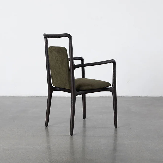 Modern Armchair with Dark Wood Frame and Olive Upholstery | Minimalist Elegance for Versatile Spaces