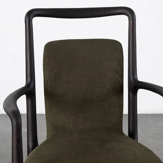 Modern Armchair with Dark Wood Frame and Olive Upholstery | Minimalist Elegance for Versatile Spaces