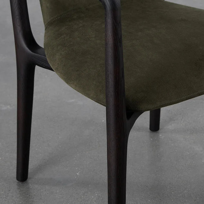 Modern Armchair with Dark Wood Frame and Olive Upholstery | Minimalist Elegance for Versatile Spaces