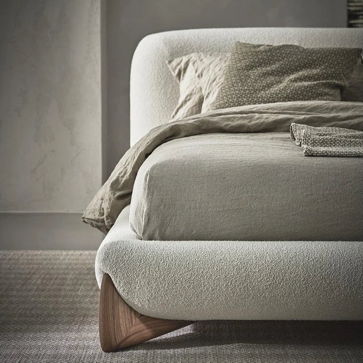 Modern Upholstered Bed with Bouclé Fabric and Wooden Details | Contemporary Comfort with Organic Elegance