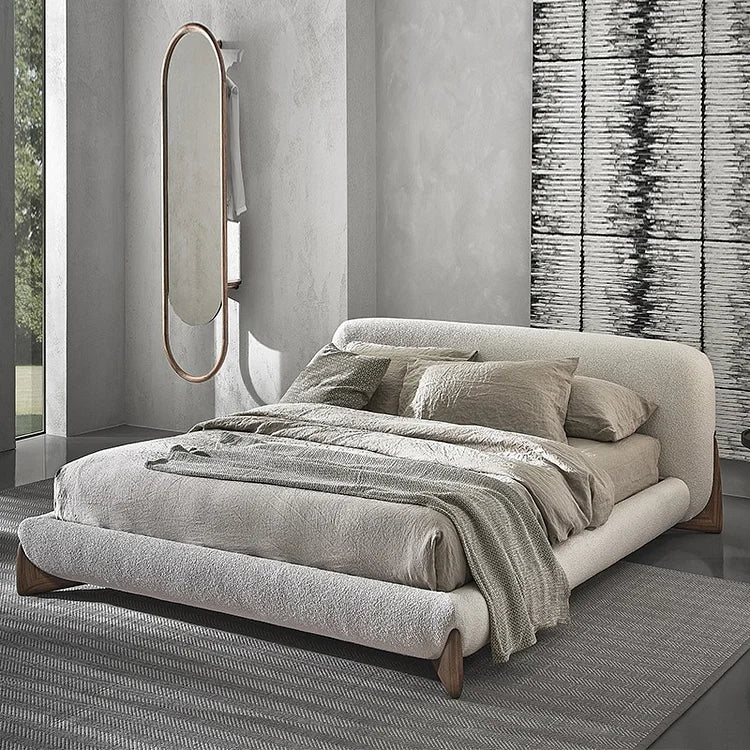 Modern Upholstered Bed with Bouclé Fabric and Wooden Details | Contemporary Comfort with Organic Elegance