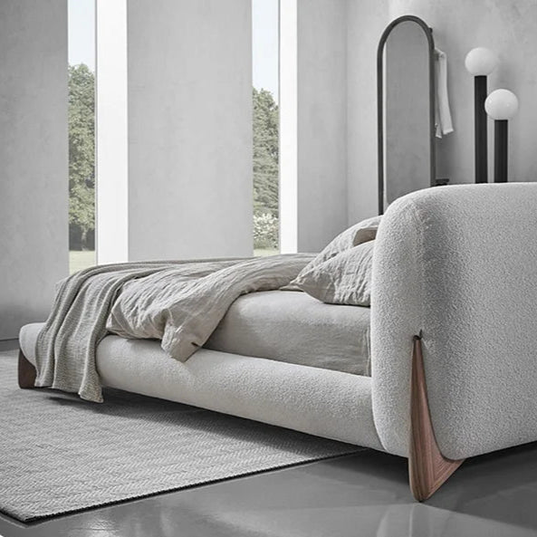 Modern Upholstered Bed with Bouclé Fabric and Wooden Details | Contemporary Comfort with Organic Elegance