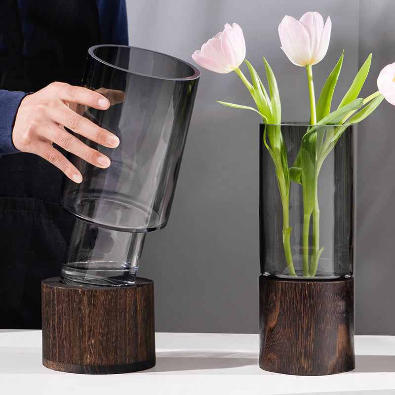 Smoky Glass Vase with Wooden Base – Modern and Sophisticated