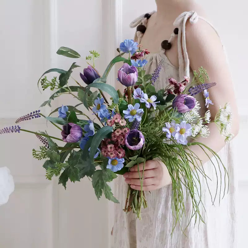 Purple and Blue Faux Tulip Arrangement in White Ceramic Vase - Elegant and Timeless