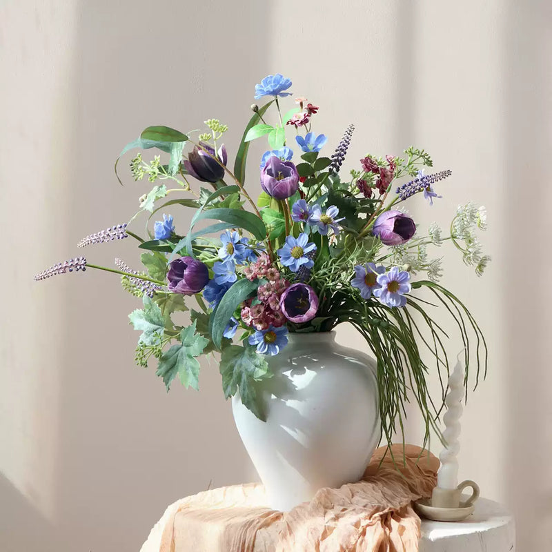 Purple and Blue Faux Tulip Arrangement in White Ceramic Vase - Elegant and Timeless