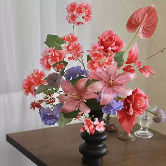 Blush Faux Phalaenopsis Orchids and Burgundy Anthuriums Arrangement in Textured White - Natural Charm and Soft Beauty Vase