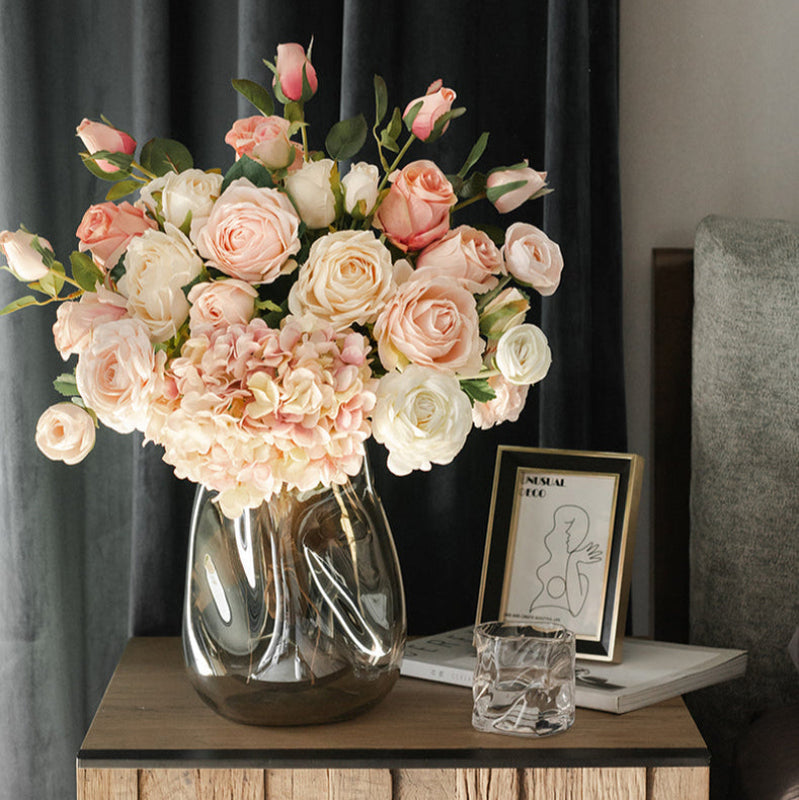 Luxurious Faux Roses and Hydrangeas Arrangement in Black Glass Vase - Modern and Sophisticated