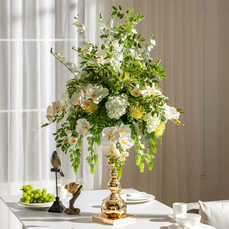 White Faux Orchid and Greenery Arrangement in Gold Pedestal Vase - Grand and Elegant