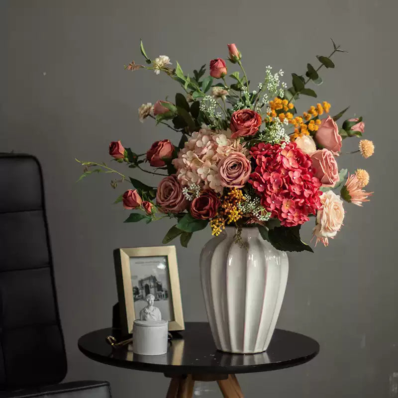 Luxurious Faux Roses and Hydrangeas Arrangement in Black Glass Vase - Modern and Sophisticated