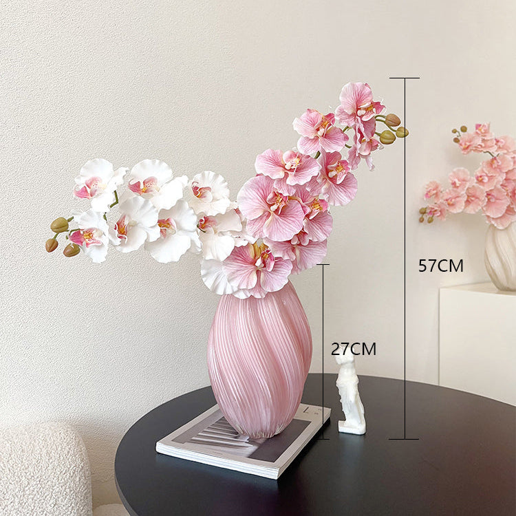 Pastel Faux Phalaenopsis Orchids Arrangement in Swirled Ceramic Vase - Graceful Blooms and Lifelike Appeal