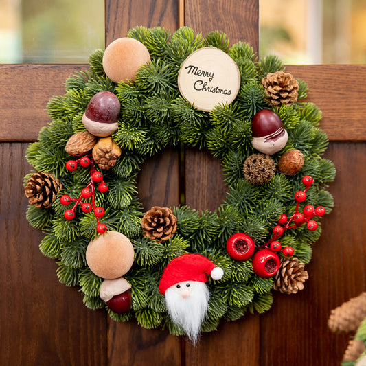 Festive Faux Pine Christmas Wreath with Santa and Natural Accents - Joyful and Whimsical